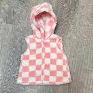 Little Me - Fuzzy, Pink and White Checkered Hooded Vest - Size 3 Months